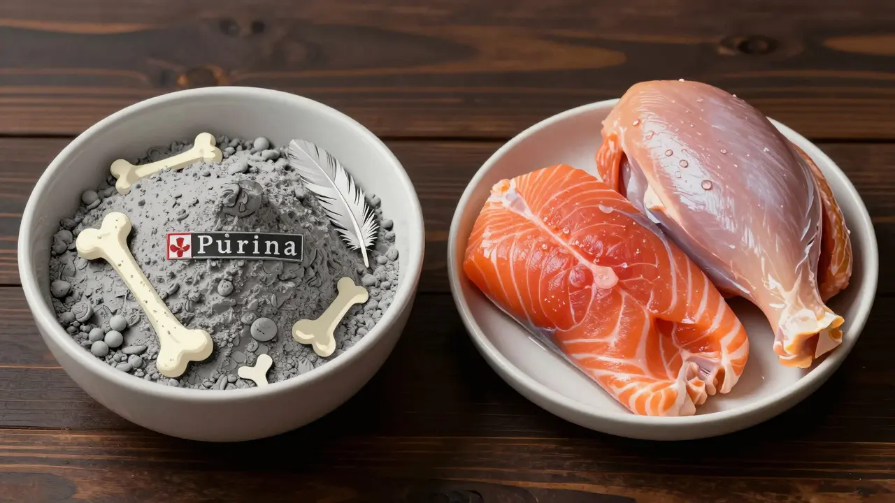 Две миски: слева — порошковый корм, справа — свежее мясо и рыба, контраст натурального и переработанного.