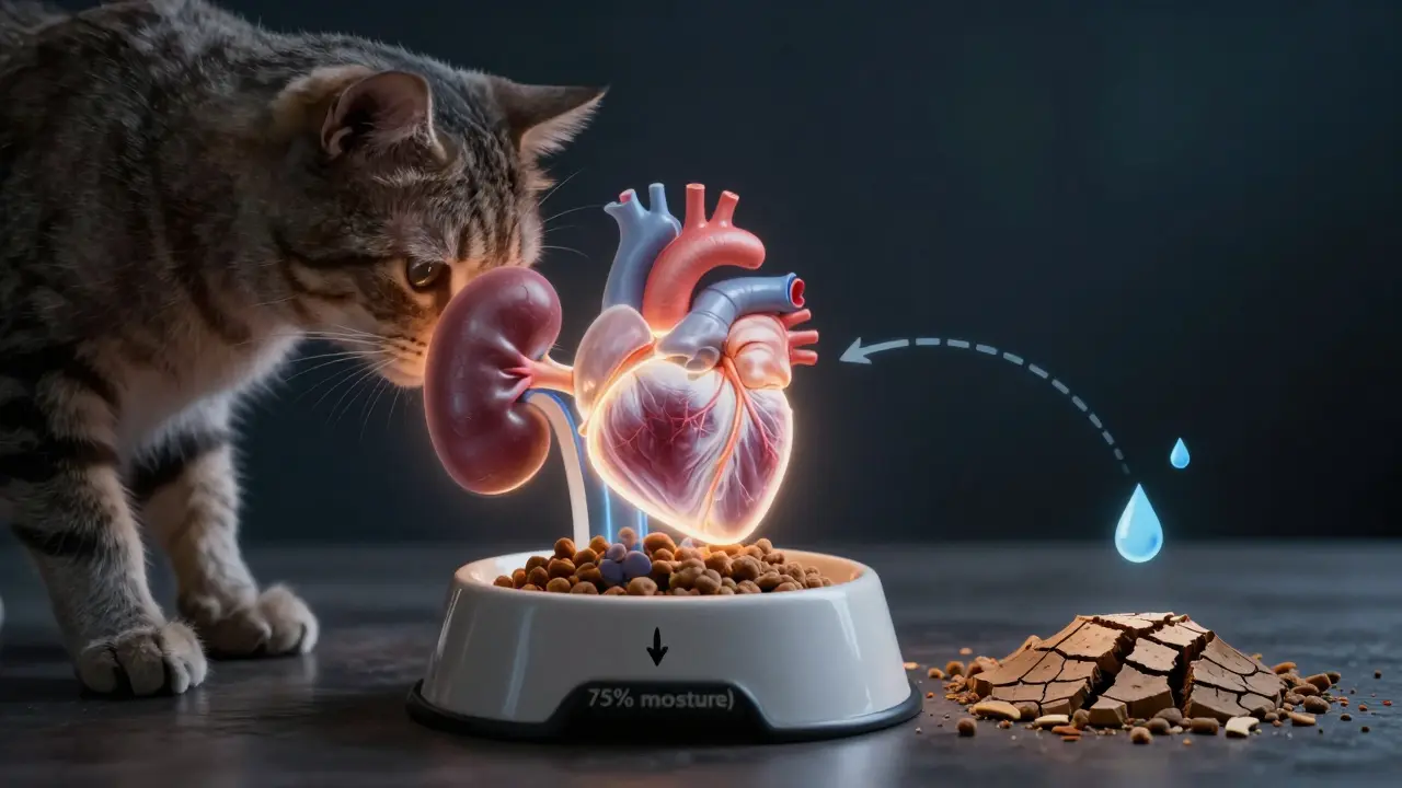 Концептуальное изображение внутренних органов кошки, получающих влагу от влажного корма.