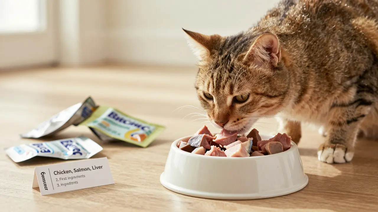 Кошка ест из миски с настоящим мясом и рыбой, рядом — выброшенные пакеты дешевых брендов.