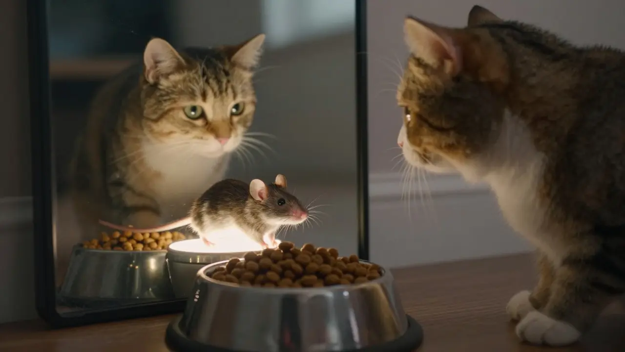 Кошка смотрит в зеркало, где отражается мышь, а не корм — символ разрыва между природой и промышленным питанием.