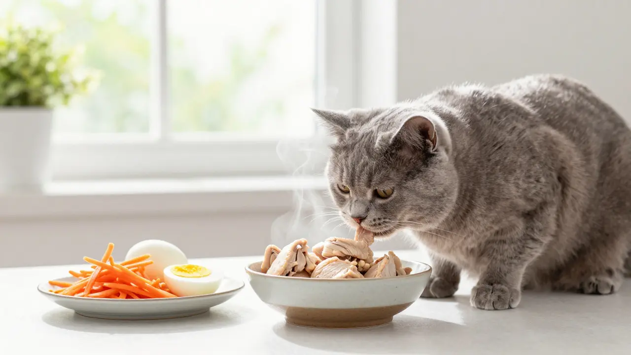 Кот ест безопасную пищу: вареное мясо и овощи в светлой кухне.