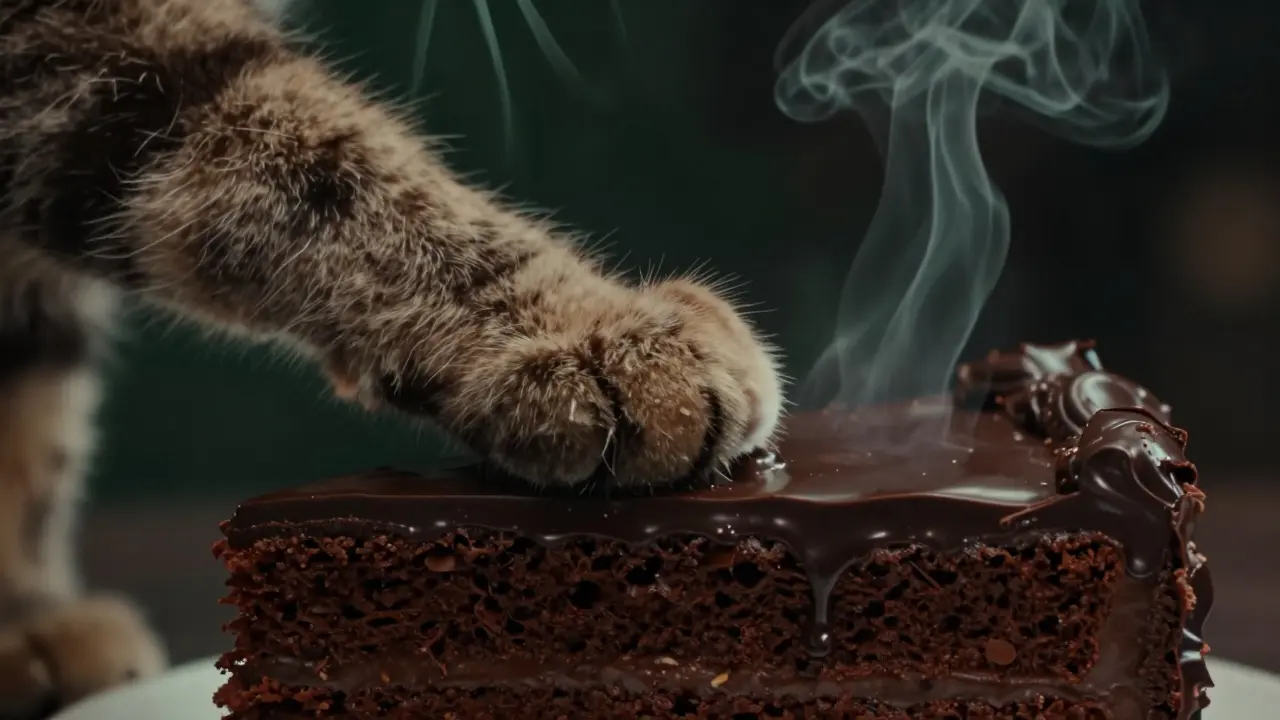 Лапа кошки на шоколадном торте, из шоколада поднимается тонкий дым.
