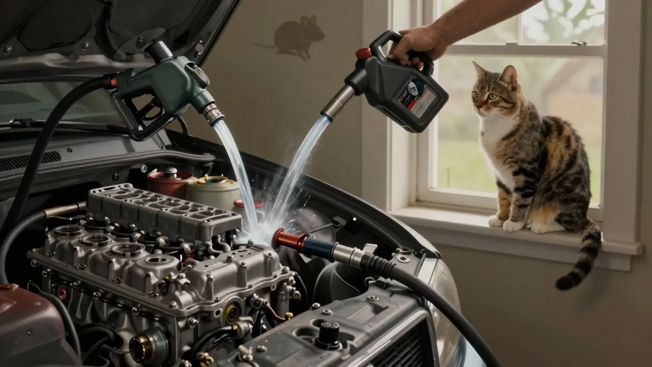 Машина с двумя видами топлива, перегревающаяся, рядом — кошка, наблюдающая за этим.