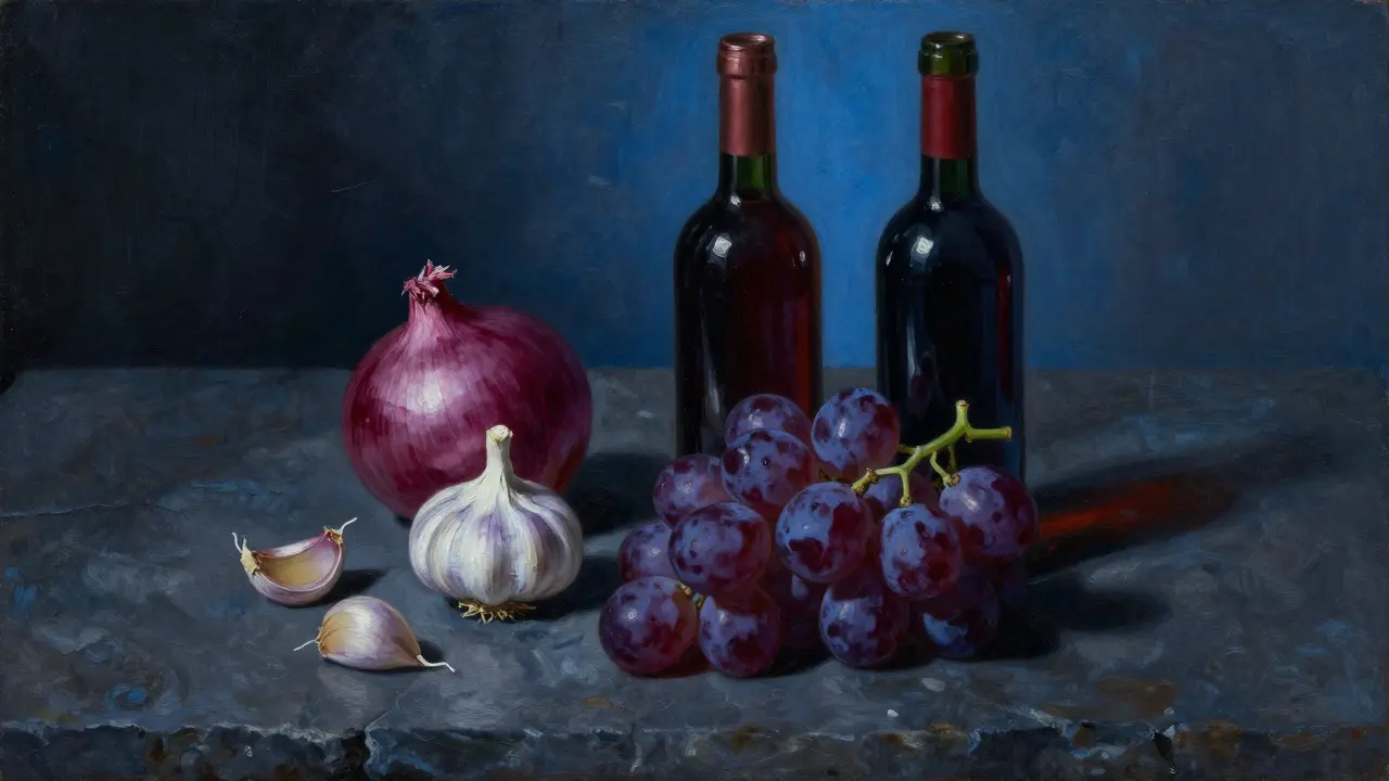 Опасные продукты для питомцев: лук, чеснок, виноград и вино.