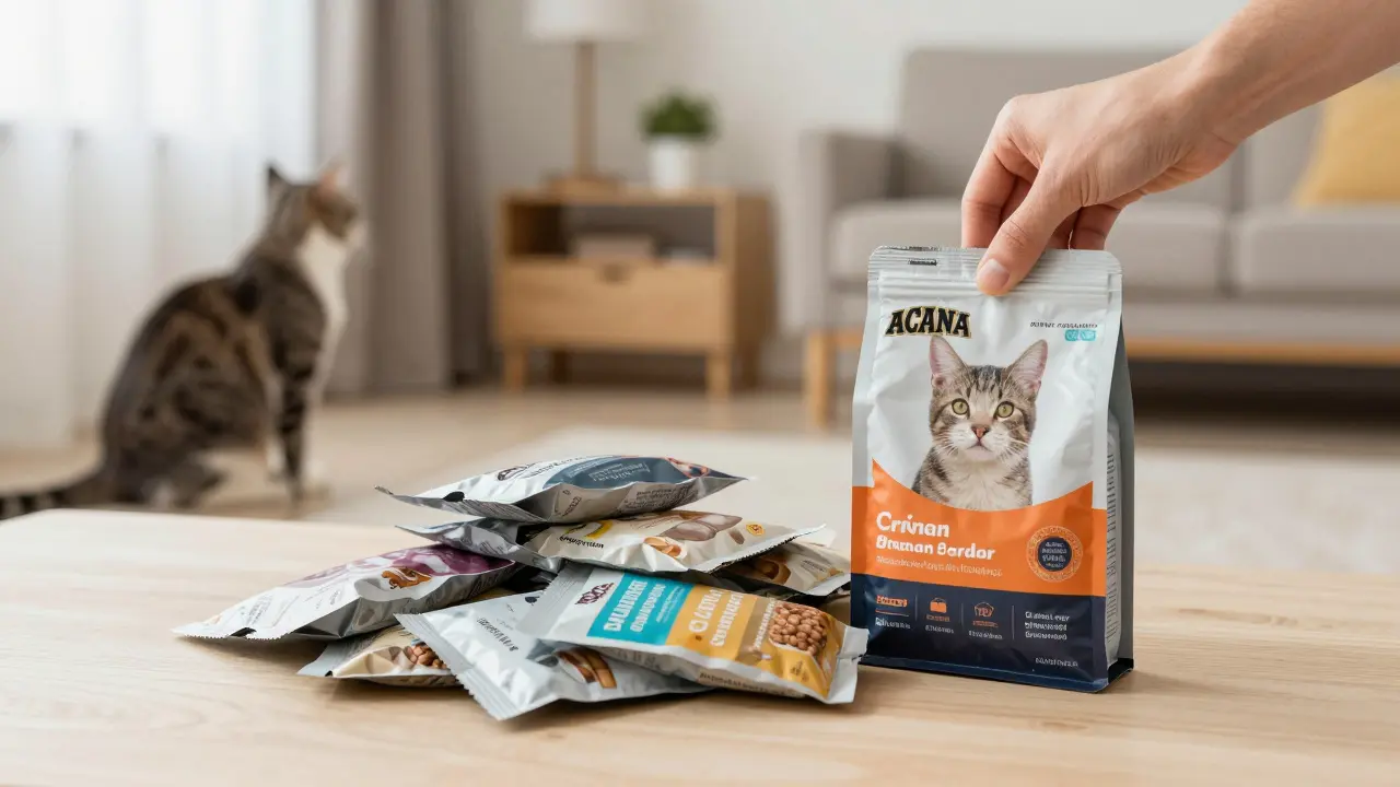 Рука кладёт упаковку премиум-корма рядом с дешёвыми аналогами, на фоне уютной комнаты, кошка наблюдает издалека.
