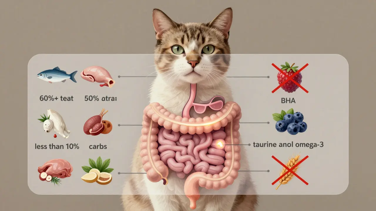 Схема пищеварительной системы кошки с выделенными полезными ингредиентами и запрещёнными добавками, в стиле научной иллюстрации.