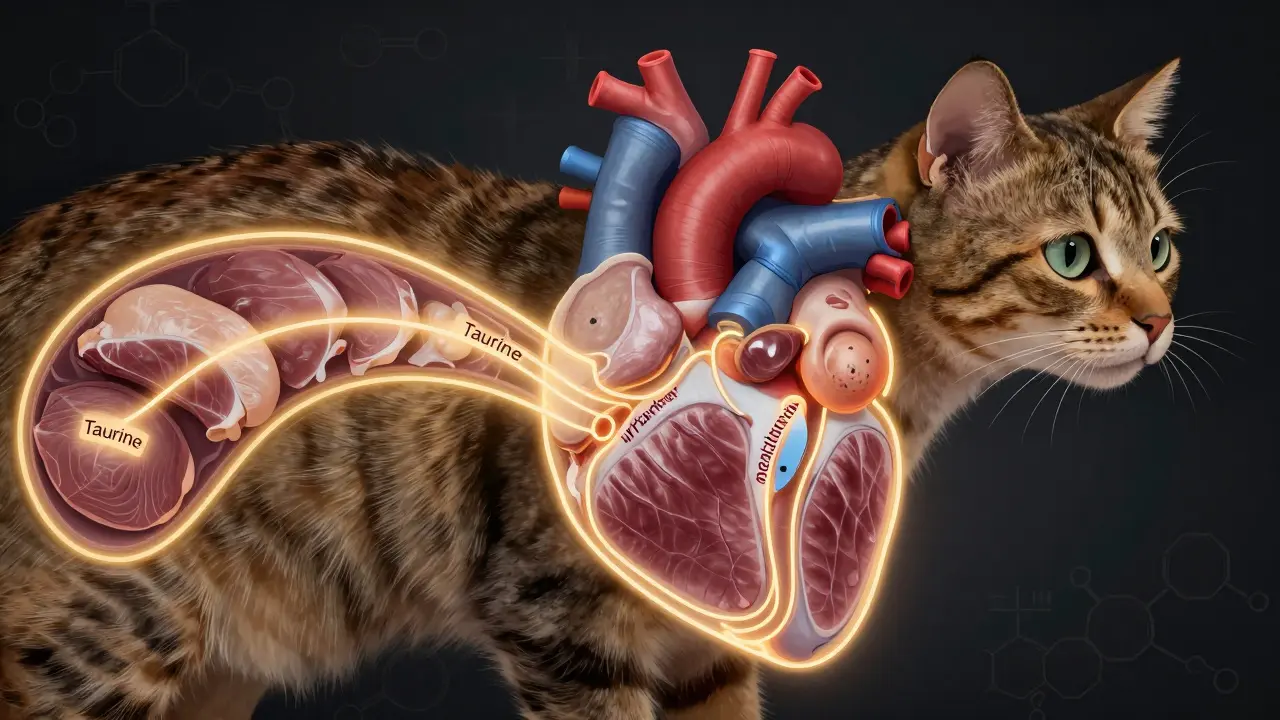 Схема внутренних процессов у кошки: питательные вещества из мяса питают сердце и глаза.