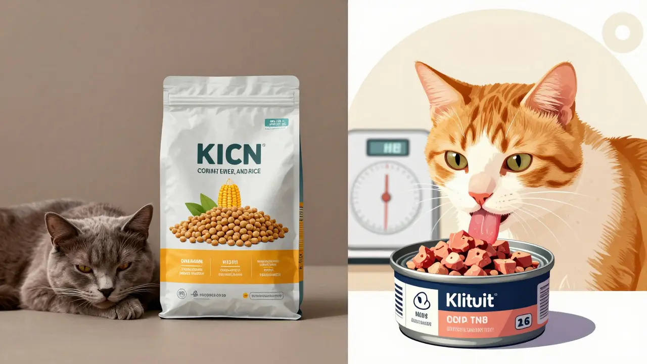 Сравнение сухого и влажного корма для кошек: слева — тусклая кошка у зернового корма, справа — активная кошка у мясного корма.