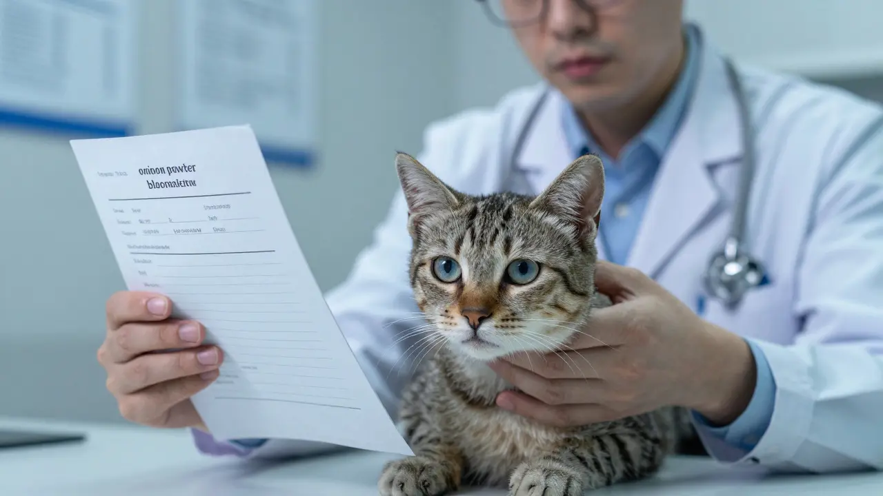 Ветеринар осматривает слабую кошку, на фоне — список запрещённых ингредиентов.