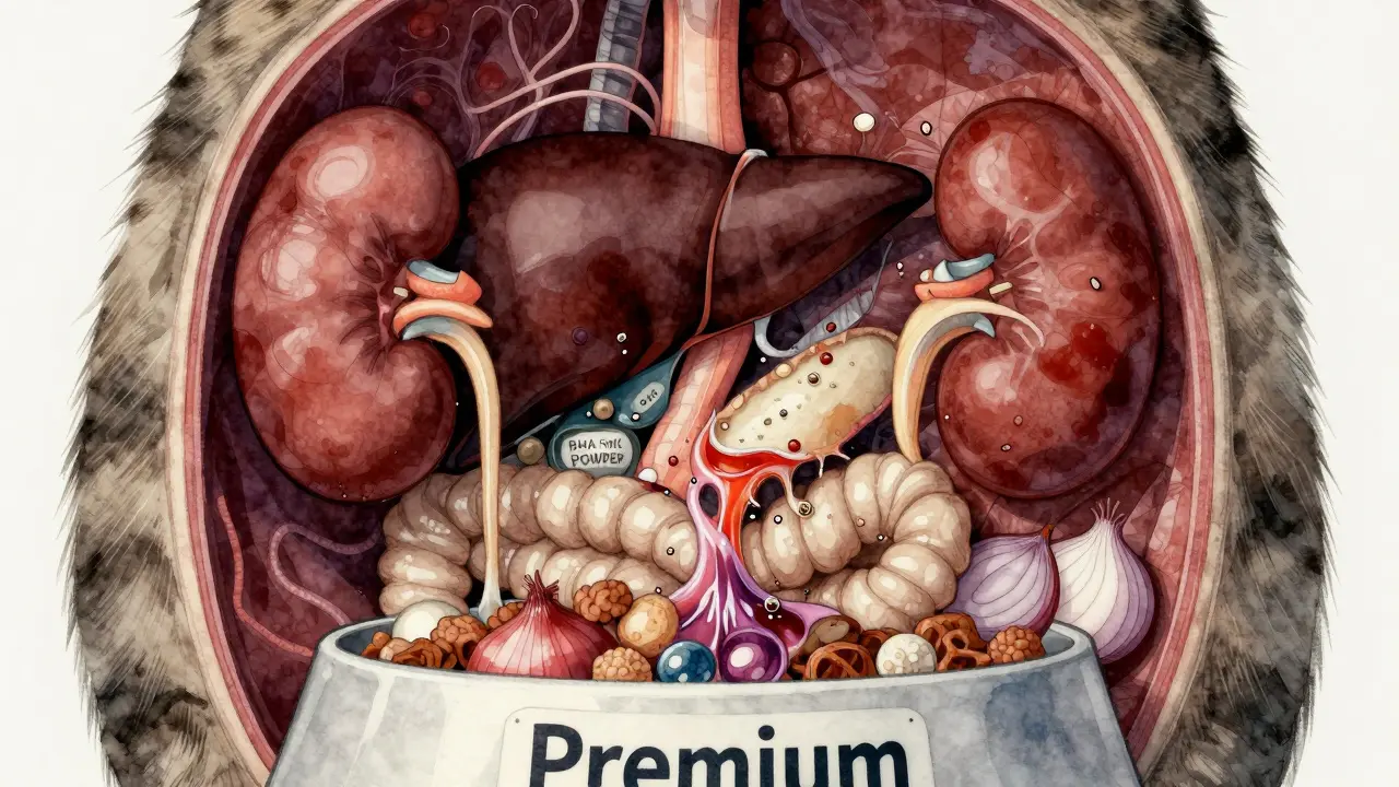 Внутренние органы кошки, поврежденные токсичными добавками из низкокачественного корма, в стиле медицинской иллюстрации.