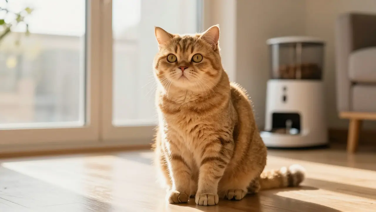 Здоровая кошка на свету рядом с местом кормления