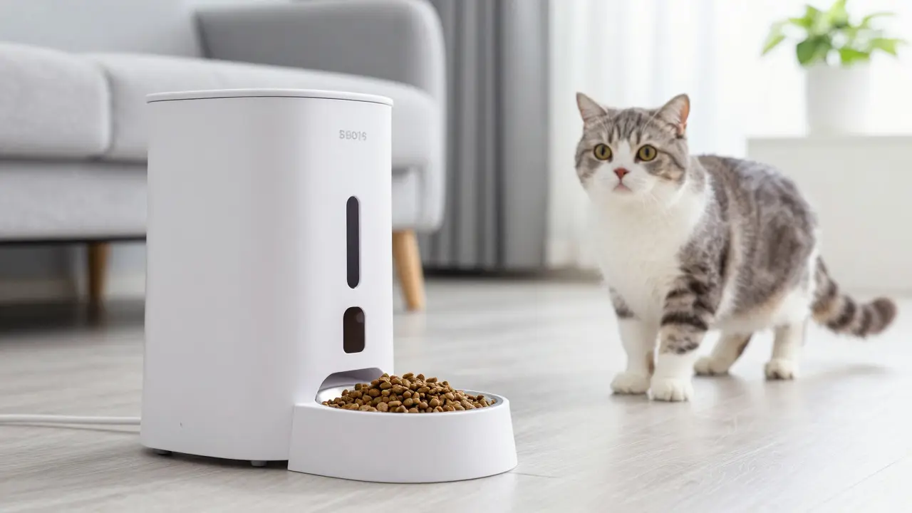 Автоматическая кормушка выдает порцию еды для кошки в современном интерьере