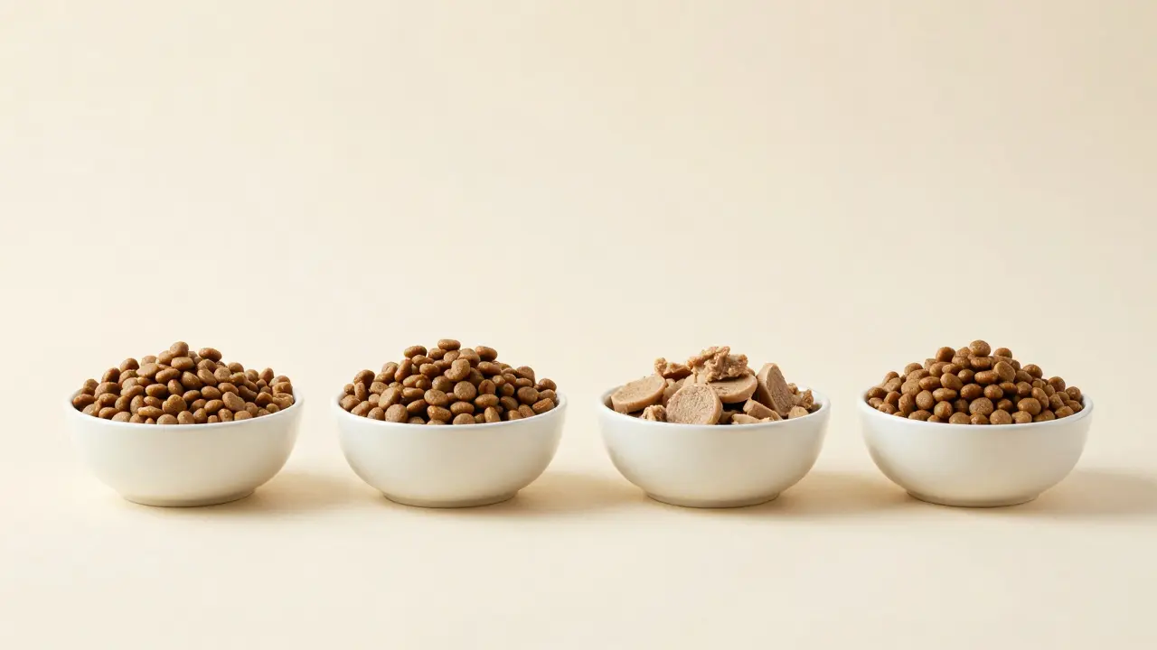 Четыре небольшие порции смешанного кошачьего корма в мисках
