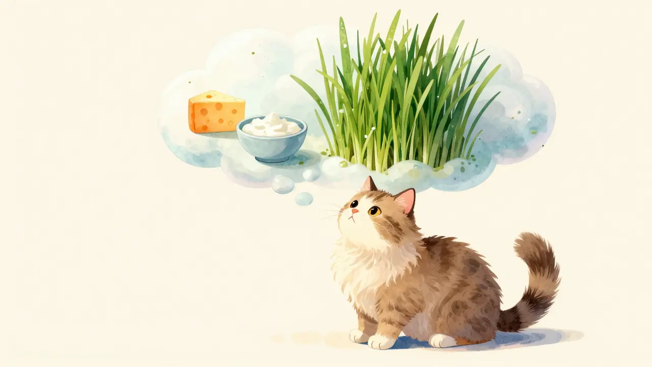 Иллюстрация с котом и его любимыми лакомствами: сыром и кошачьей травой