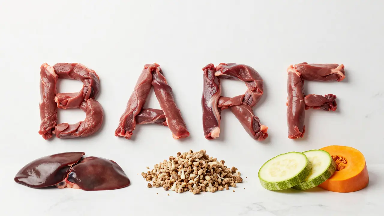 Компоненты диеты БАРФ: мясо, субпродукты и овощи на белом фоне