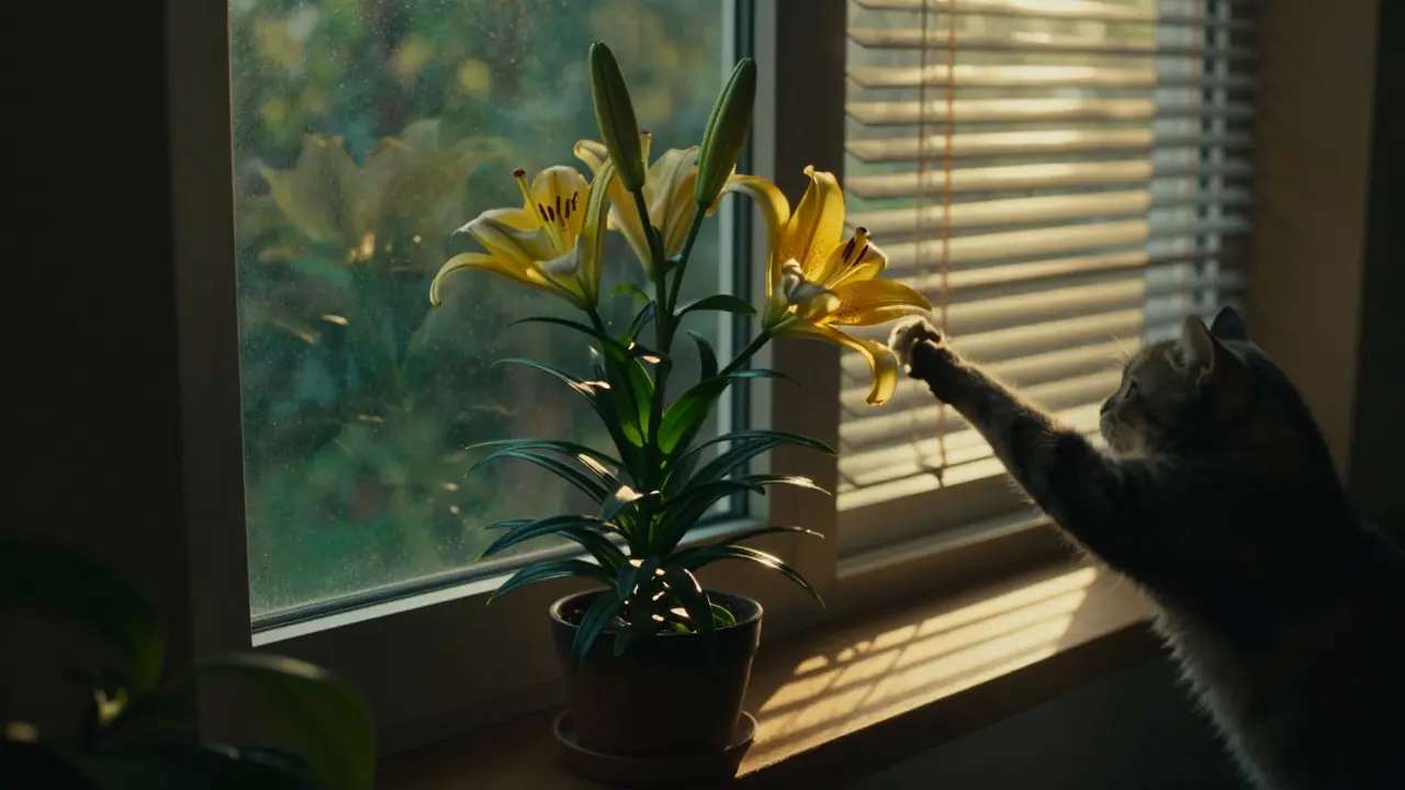 Кошка тянется к опасному цветку лилии на подоконнике