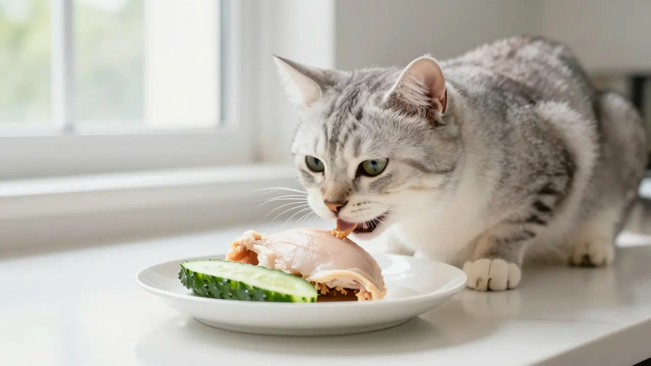 Кот ест полезное угощение из отварной курицы и огурца на белой тарелке