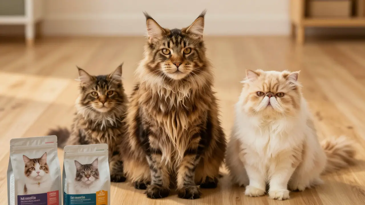 Мейн-кун и персидская кошка рядом, демонстрирующие особенности пород