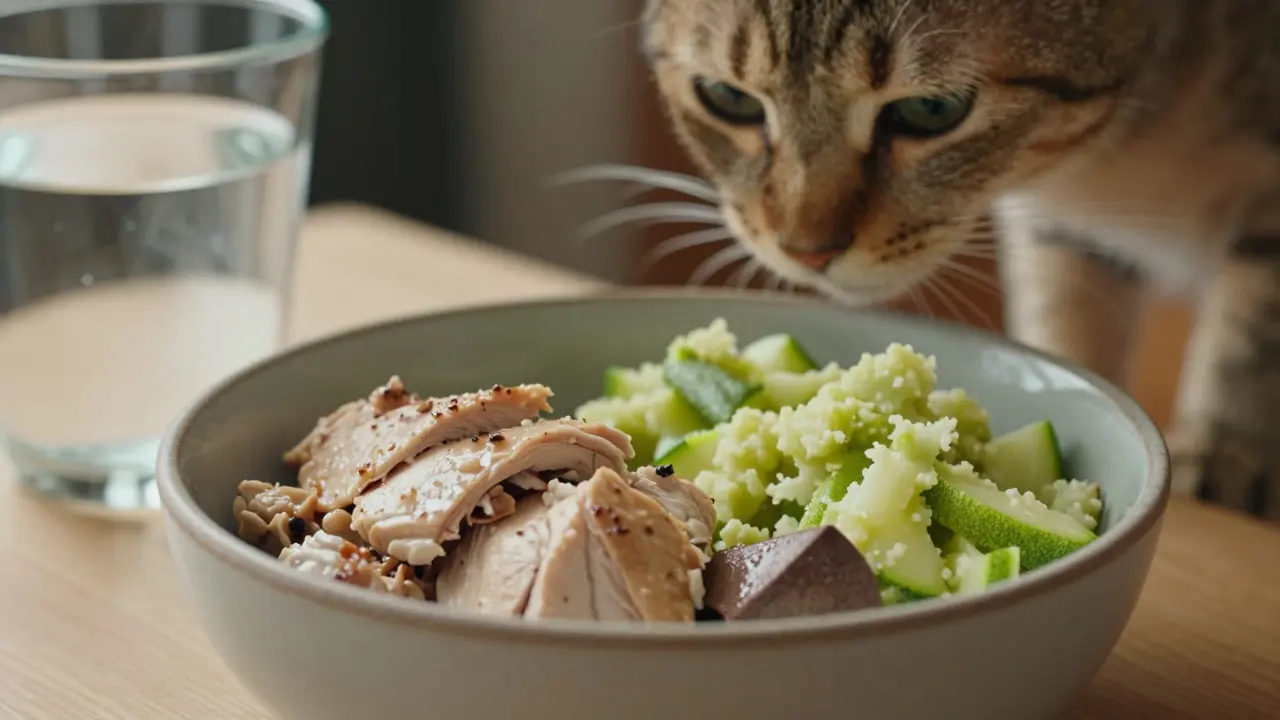 Миска сбалансированного натурального корма из курицы и кабачка