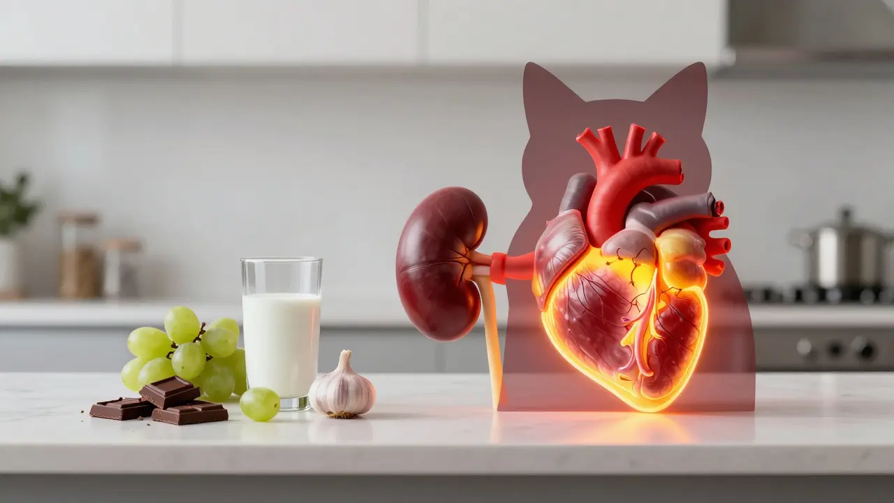 Опасные продукты: шоколад, виноград, чеснок и молоко рядом с силуэтом органов кошки