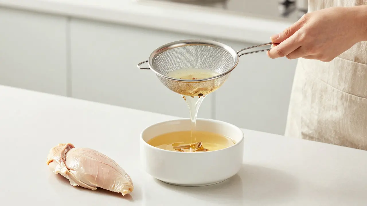 Процесс процеживания чистого куриного бульона в миску для кота