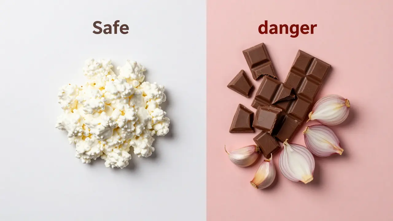 Сравнение безопасного творога и опасных продуктов: шоколада, лука и чеснока