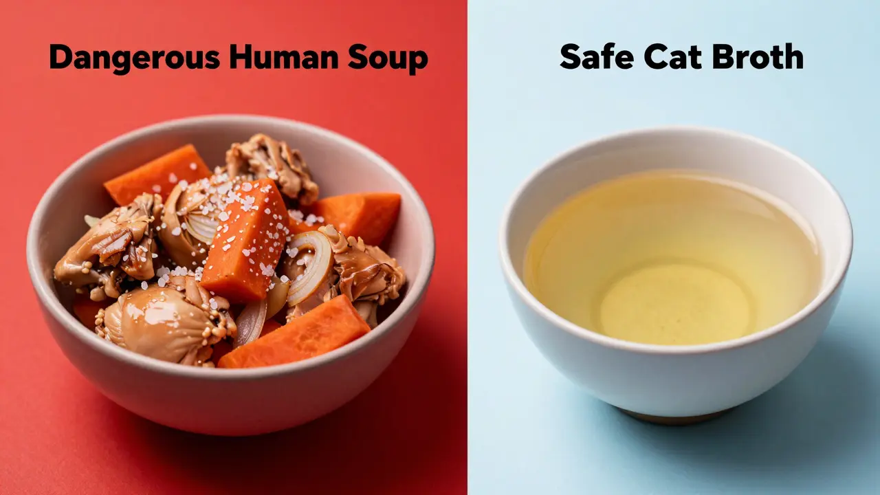 Сравнение вредного человеческого супа и безопасного бульона для кошки