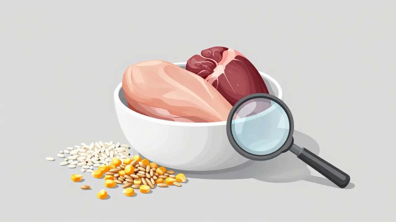 Миска с мясом и зерном под увеличительным стеклом, символизирующая анализ состава