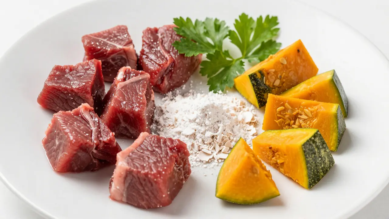 Пластина с мясом, овощами и кальцием для кота